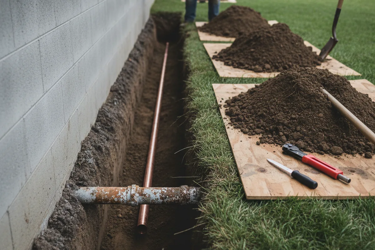 Excavated water line trench during Water Heater Repair in Somers